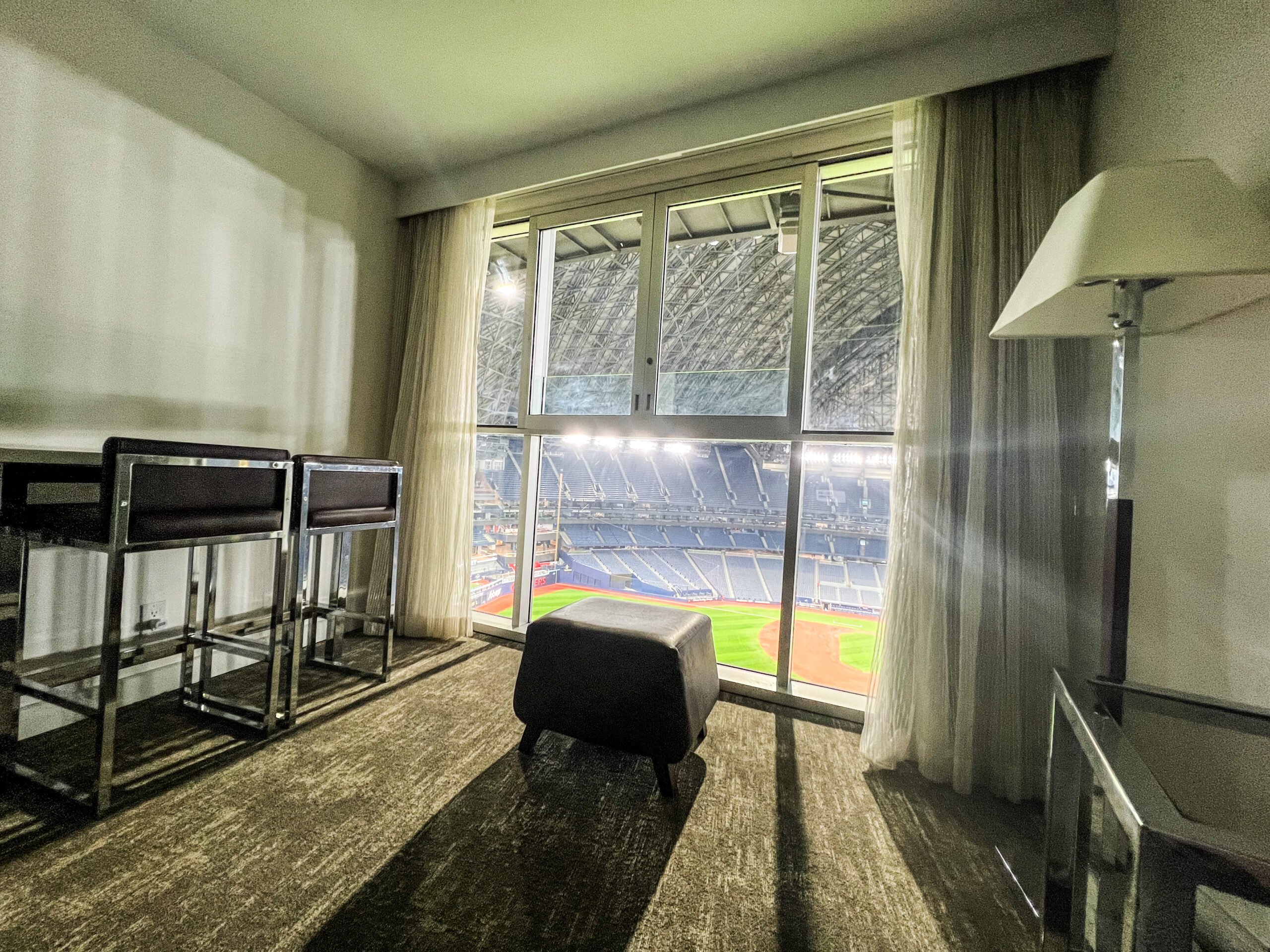 Hotel room with a view of the Rogers Centre baseball field.